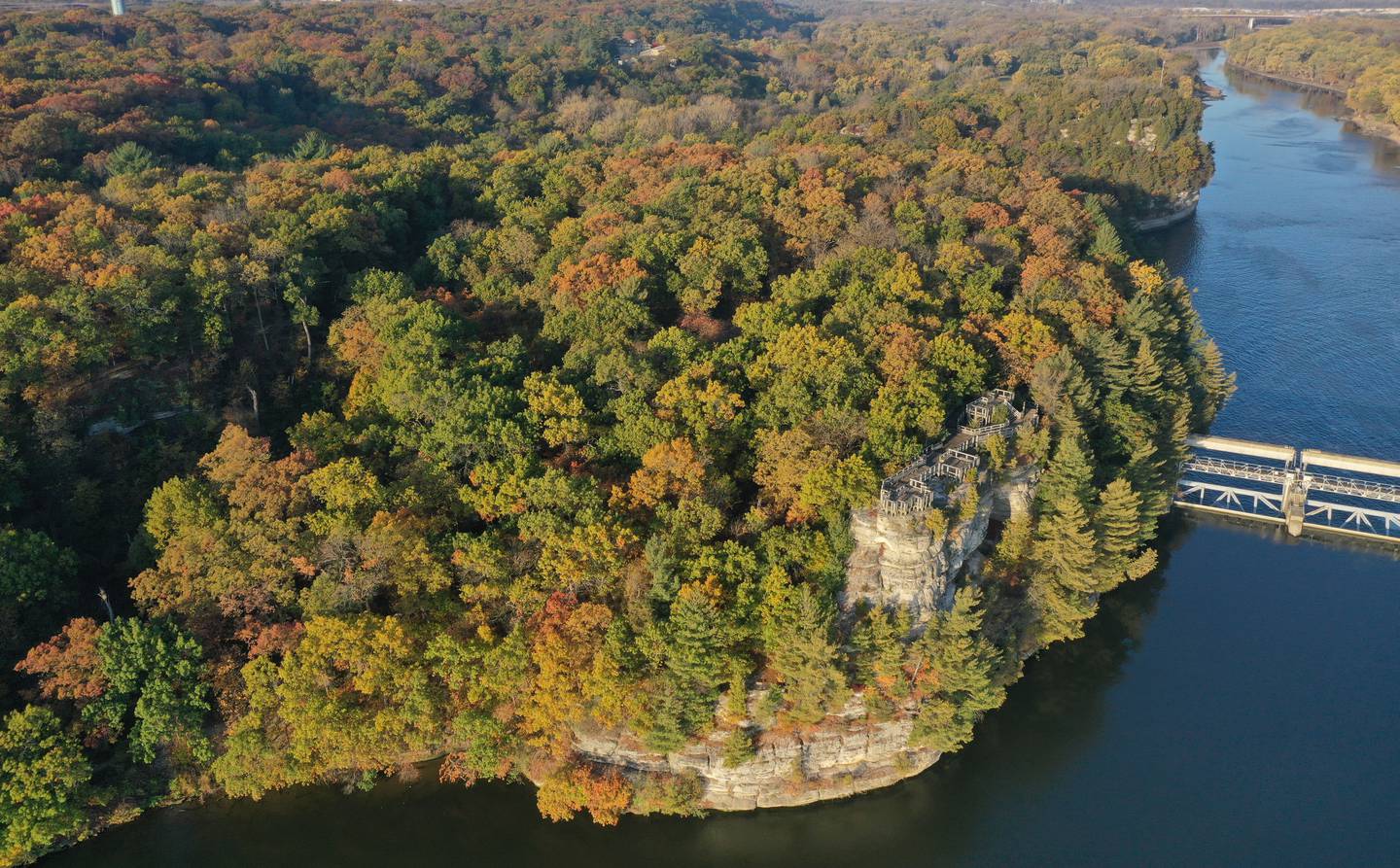 An aerial view of the fall colors near Lovers Leap on Friday, Oct. 31, 2025 at Starved Rock State Park.