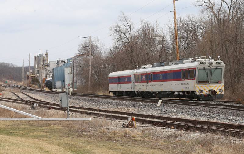 Federal Railroad Administration train cars sit on a side track on Saturday March 15, 2025 next to the former Covia plant in Utica. The cars are use for inspection on the rails along with track safety, signal systems and operating practices. The train helps ensure the safe movement of people and goods on the nations railways.