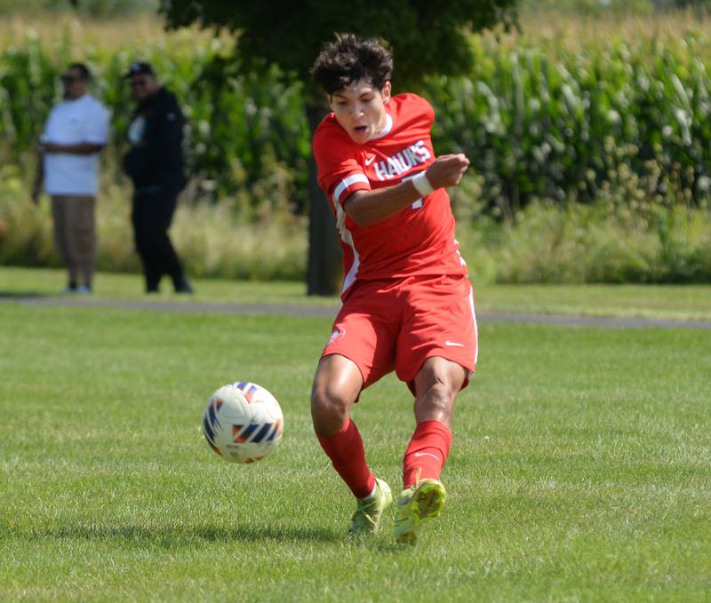 Oregon's Aiden Hammer (7) scored a goal against Rochelle on Saturday, Aug. 30, 2025 at the Oregon-Stillman Varsity Soccer Tourney at Oregon Park West.