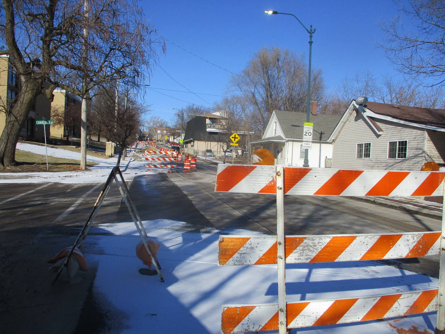 Road barriers keep traffic off a section of Center Street, where Joliet is replacing a water main in a project that started last year. Jan. 23, 2025