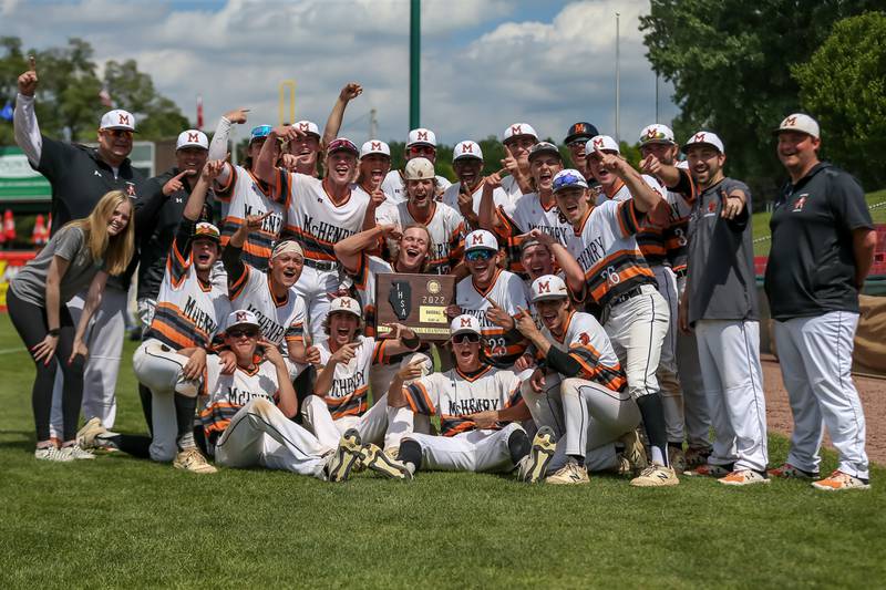 McHenry poses with the Class 4A Supersectional game plaque after defeating York. June 7, 2022.