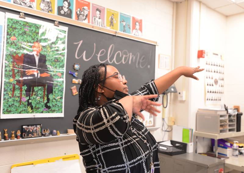 Glenbard East Social Studies teacher, Gariecia Rose instructs her class Thursday March 16, 2023.