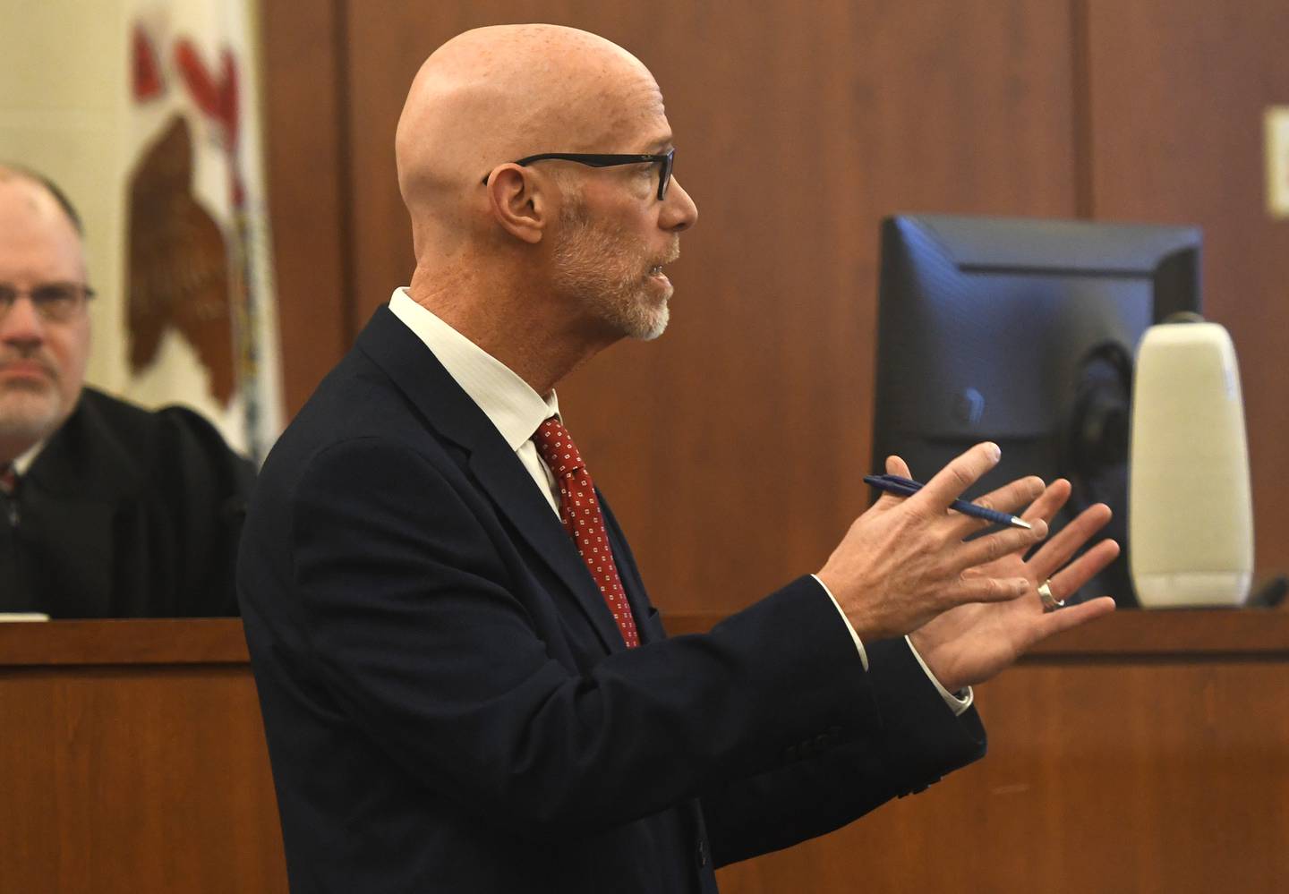 Ogle County State's Attorney Mike Rock questions a witness during the Duane C. Meyer murder-arson jury trial on Tuesday, Jan. 20, 2026 at the Ogle County Judicial Center in Oregon.