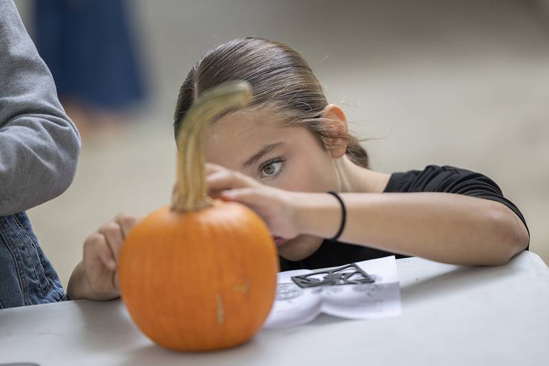 Victoria Sproul, 12, of Sterling decorates a pumpkin Saturday, October. 12, 2024, at John Deere Historic Site’s Fall Fest.