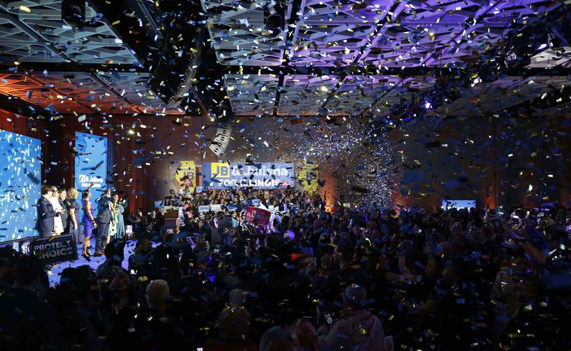 Confetti rains down as Gov. J.B. Pritzker finishes his speech on election night Tuesday November 8, 2022 in the Great Lakes Ballroom at the Marriott Marquis in Chicago.