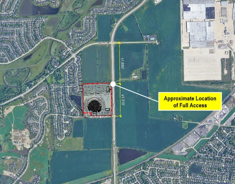 This map shows the location of a proposed full-access interchange along Orchard Road, halfway between Galena Road on the north and Tuscany Trail on the south, to serve the proposed Breybourne Cricket Stadium, outlined in red. (Courtesy of Kendall County)