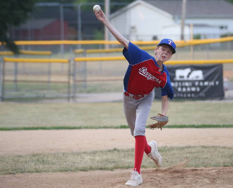 Frostbyte MSP Rangers starting pitcher Mason Mucci lets go of a pitch in the Ottawa Little League baseball (12U) City Championship on Friday, June 23, 2023 at Varland Park in Ottawa.