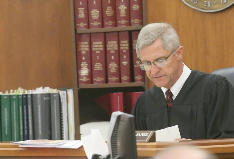 Judge Michael C. Janse takes notes during a mini trial evidentiary hearing regarding the Chester Weger case on Monday, May 12, 2025 at the La Salle County Government Complex in Ottawa.