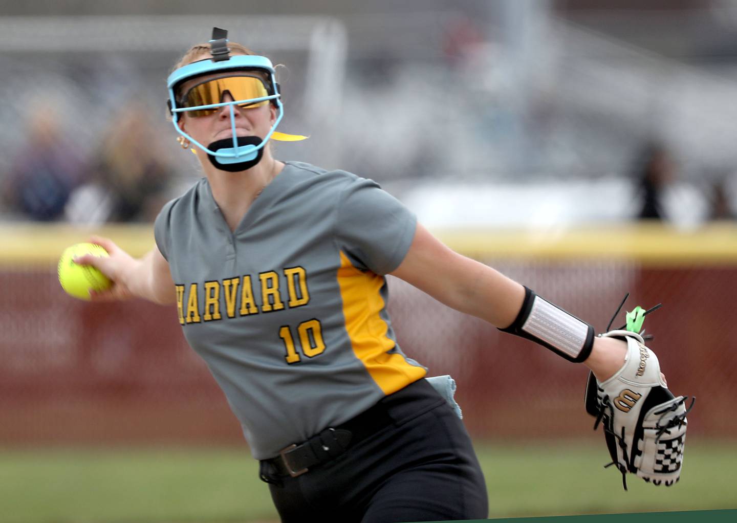 Harvard's Leona Eichholz throws a pitch during a Kishwaukee River Conference softball game against Richmond-Burton on Thursday, April 9, 2026, at Richmond-Burton High School.