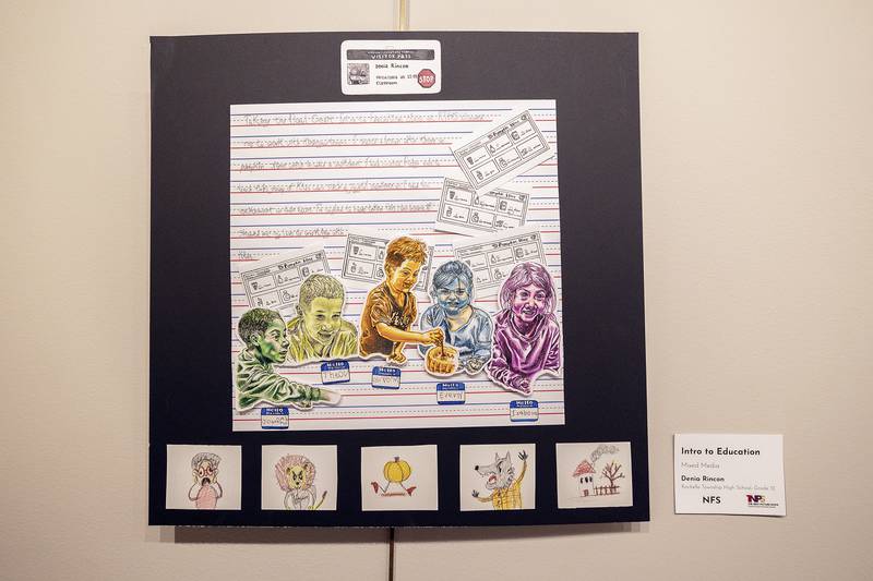Rochelle High School senior Denia Rincon took second for her mixed media piece titled “Intro to Education,” Friday, March 28, 2025, at The Next Picture Show’s student art exhibit.