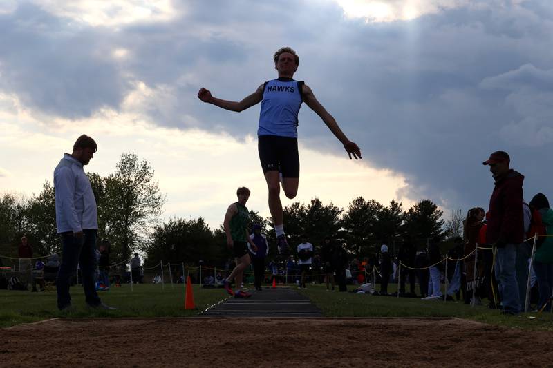Prairie Central's Avery Dunn floats through the air during long jump at the Herscher Track Invite on Friday, May 1, 2026.