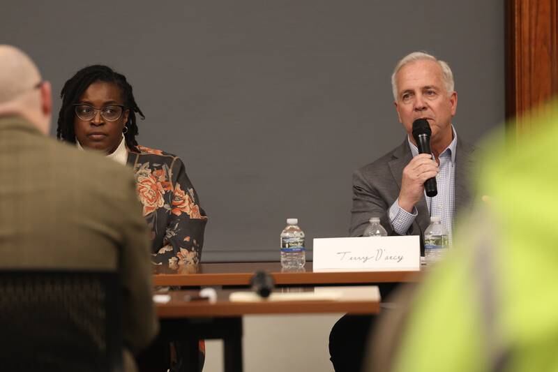 Mayor candidates Tycee Bell and Terry D’Arcy attend a forum for the candidates at the Joliet Public Library on Tuesday, March 28th, 2023 in Joliet.