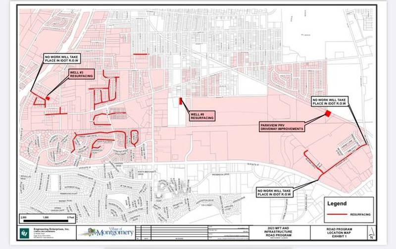 Streets to be resurfaced this year as part of the village of Montgomery's annual street maintenance program are indicated in red on the map above. (Map provided by the village of Montgomery)