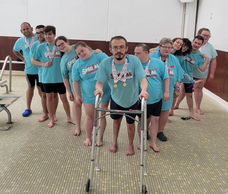 The Special Connections swim team, which is going to state for the 2024 Illinois Special Olympics. (From left) Drew Kirkman, Nathanial Graziano, Marcus Bennett, Layla Hicks, Shannon Wexell, Nick Holm, Keith Siron, Lori Jean Harvell, Anna Gilchrist, Dominyk Zavala, Ronnie Peterson and Mackenzie Blair.