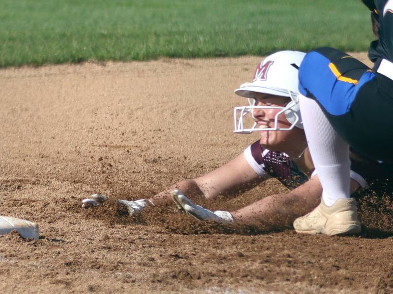Marengo’s Gianna Iovinelli is tagged out at third base against Aurora Central Catholic in IHSA Class 2A Regional Title Game action softball at Marengo High School in Marengo on Friday, May 23, 2025.