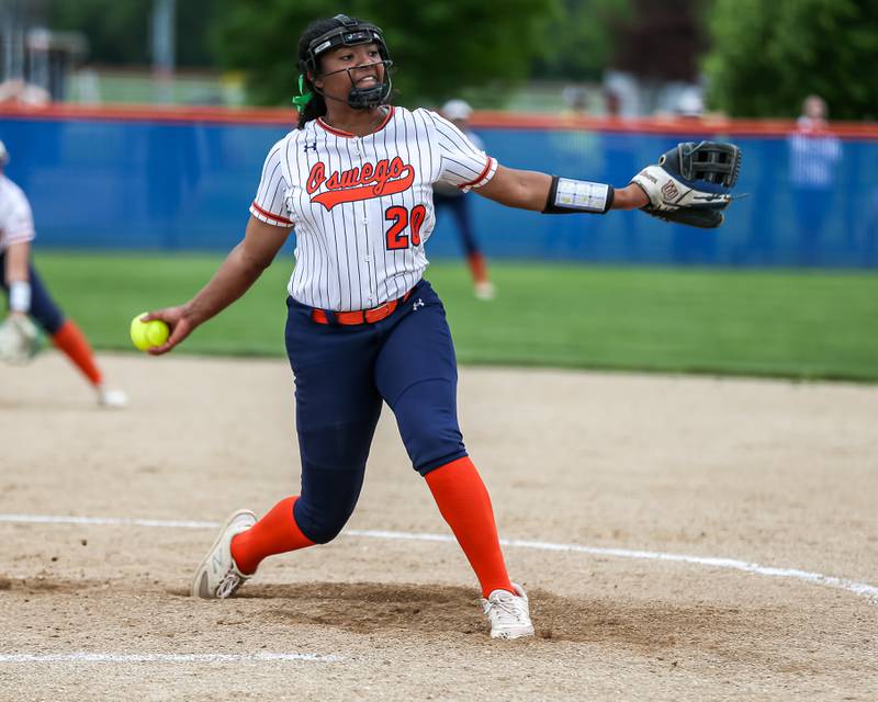 Oswego's Jaelynn Anthony (20) delivers to the plate during Class 4A Oswego Regional final softball game between Yorkville at Oswego. May 24th, 2024.