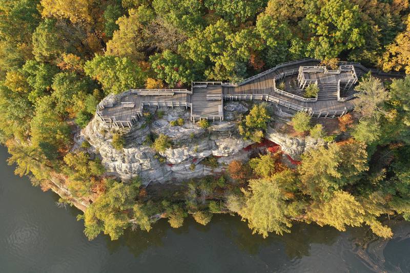 An aerial view of the fall colors over Eagle Cliff on Tuesday, Oct. 24, 2023 at Starved Rock State Park