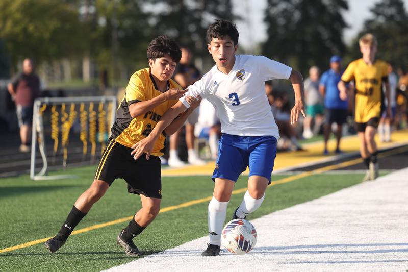 Joliet Central’s Adrian Sandoval cuts off the ball from Joliet West’s Gavin Ringhofer on Tuesday, Oct. 3, 2023 in Joliet.