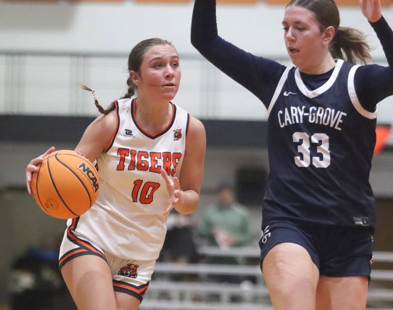 Cary-Grove’s Elizabeth Mjaanes, right, guards Crystal Lake Central’s Samantha Pottorff  in varsity girls basketball on Tuesday, Jan. 7, 2025, at Crystal Lake Central High School in Crystal Lake.