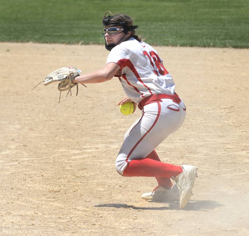 Oregon second baseman Lola Schwarz fields a grounder and gets ready to throw the runner out during a game against Morrison on Saturday, May 17, 2025 at Oregon Park West.