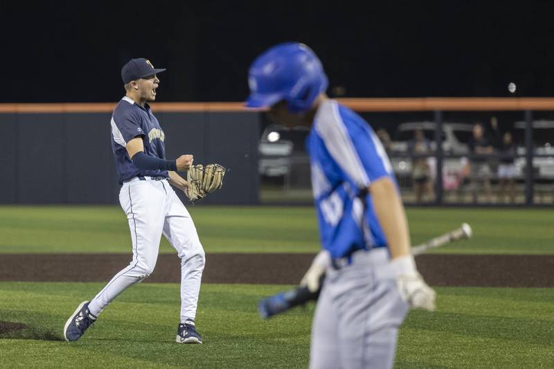 Teutopolis’ Caleb Deters celebrates striking out Newman’s Chase Decker to end the game Friday, June 6, 2025, during the Class 2A state semifinal at Illinois Field in Champaign.