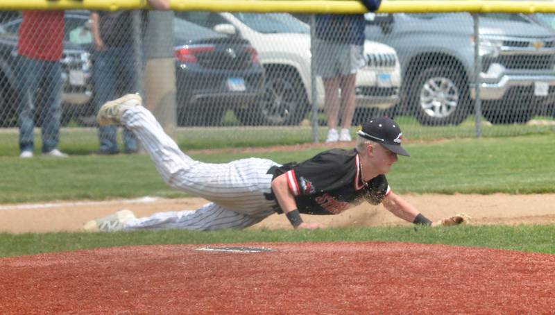 Fulton's third baseman dives for a ground ball against River Ridge/Scales Mound at the 1A Lena-Winslow Sectional final on Saturday, May 31, 2025.