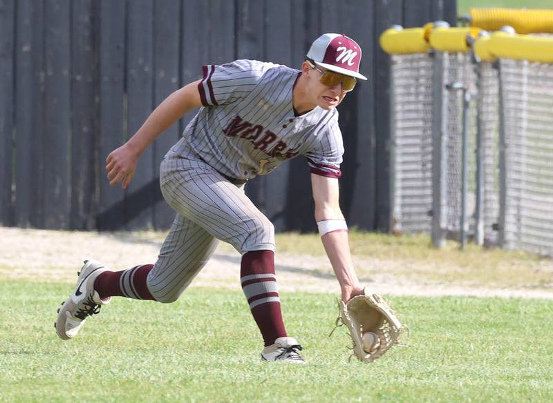 Morris' Brycen Johnson makes a play in the outfield Wednesday, May 13, 2026, during their game against Sycamore at the Sycamore Community Sports Complex.