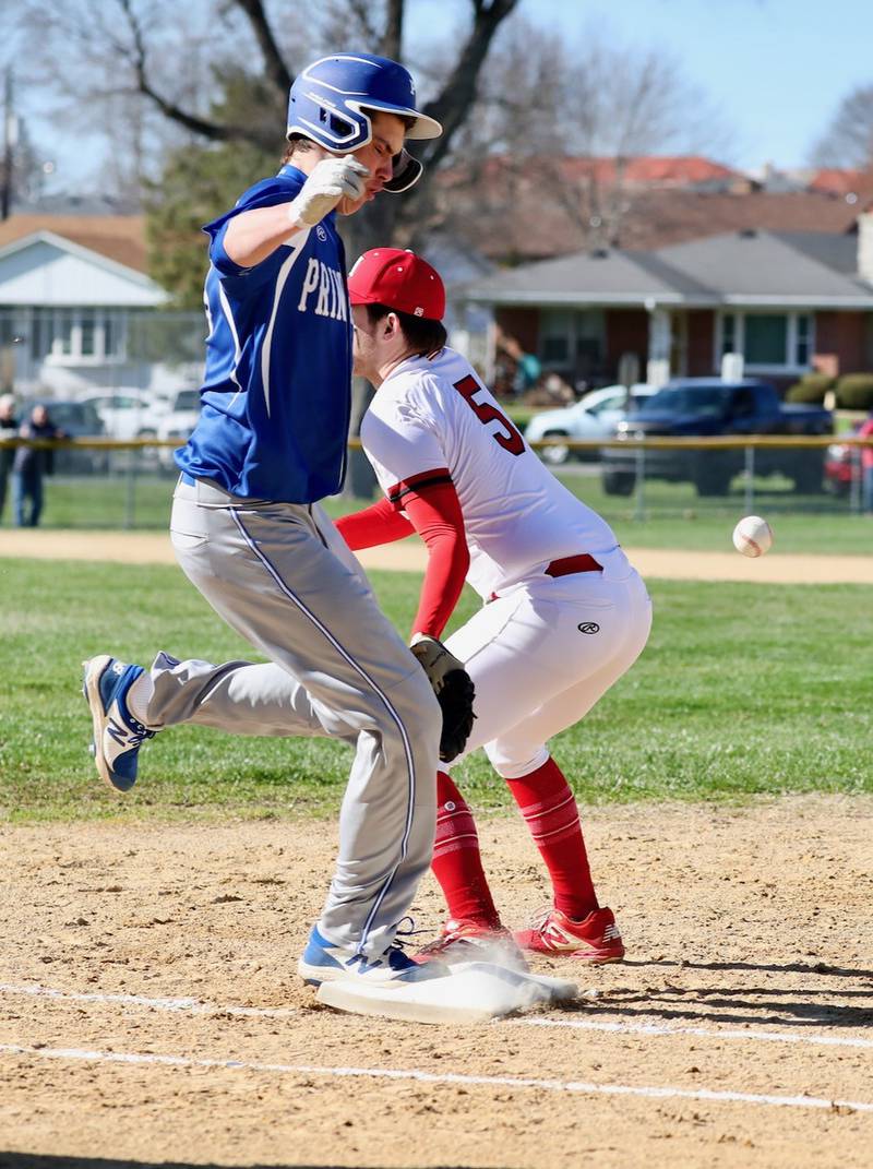 Princeton's Noah LaPorte reaches safely on a bunt as the ball eludes Hall first baseman Dom Galetti in Thursday's game at Kirby Park.