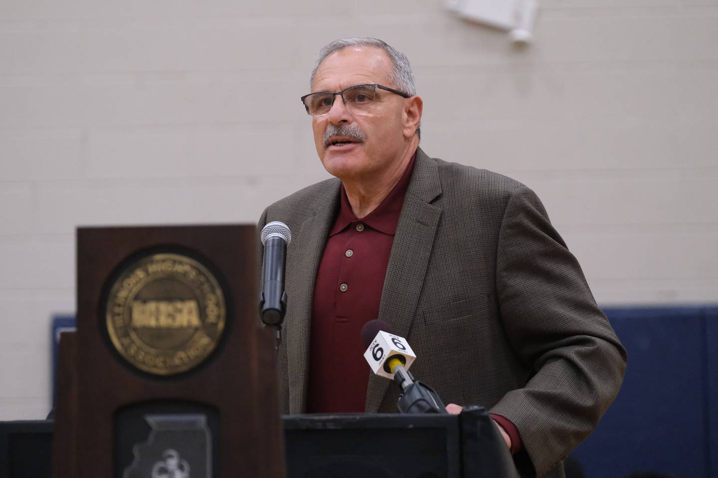 Crest Hill Mayor Ray Soliman speaks during an assembly honoring the Joliet Catholic Class 4A football state champions. Monday, Nov. 29, 2021 in Joliet.