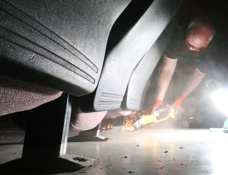 Scott Harl, volunteers his time to remove seating inside Stage 212 on Tuesday, Aug. 12, 2025 in La Salle.