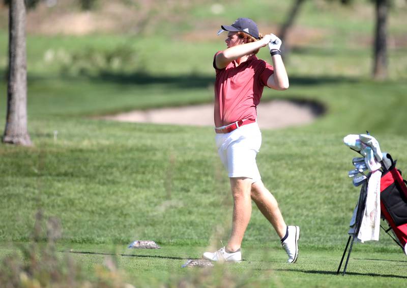 Benet’s Charles Davenport tees off during the Class 3A Plainfield North Boys Golf Sectional at Whitetail Ridge Golf Course in Yorkville on Monday, Oct. 2, 2023.