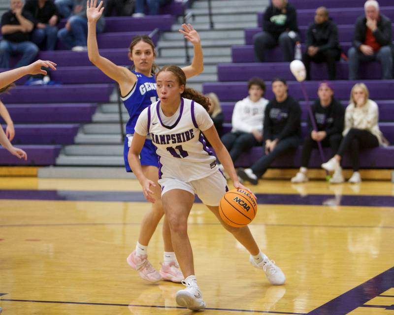 Mikala Amegasse drives to the basket against Geneva on Friday, Nov.22.2024 in Hampshire.