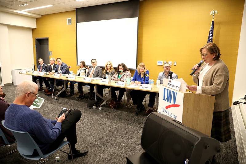 Barbara Laimins (far right) serves as moderator for a candidate forum for St. Charles City Council candidates on Wednesday, Jan. 29, 2025 at the St. Charles Public Library. The forum was hosted by the League of Women Voters of Central Kane County.