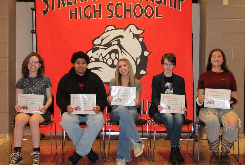 (Left to right) Streator High School students of the month for May 2023 are Kylie Nettleingham, Tatiana Huntley, Cailey Gwaltney, Adrianna Ashlock
and Addison Mumm. Alejandro Villalobos,  Reinier Keylard, Nolan Lukach and Haddon Olbera are not pictured.