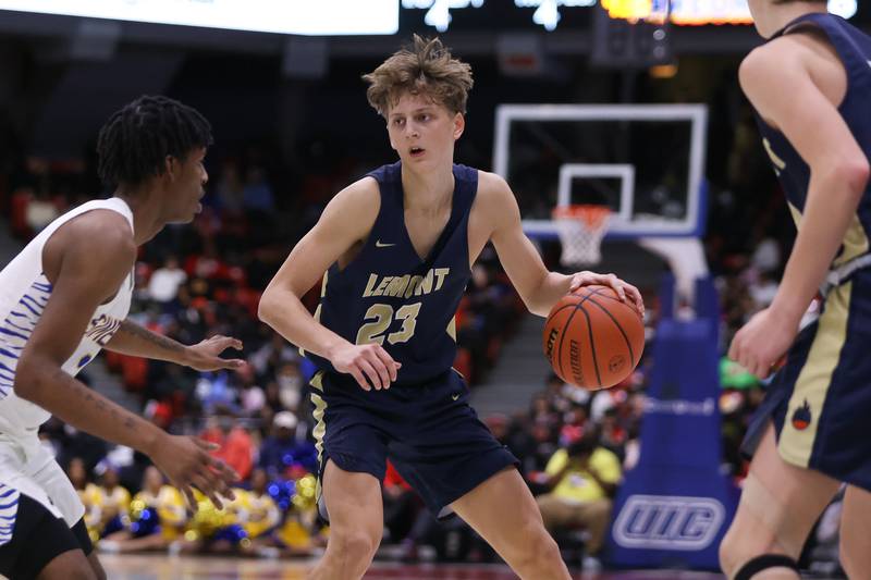 Lemont’s Nojus Indrusaitis looks to make a play against Simeon in the Class 3A super-sectional at UIC. Monday, Mar. 7, 2022, in Chicago.