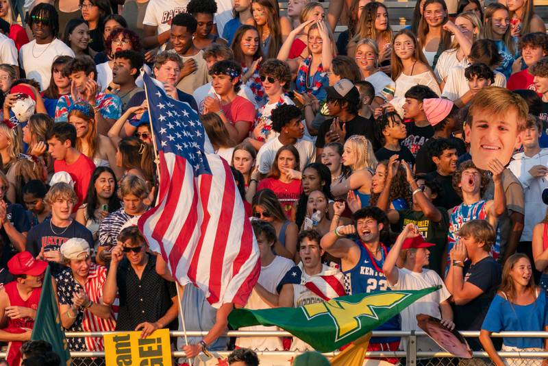 Waubonsie Valley fans cheer on their team against Oswego East during a football game at Waubonsie Valley High School in Aurora on Friday, Aug. 25, 2023.