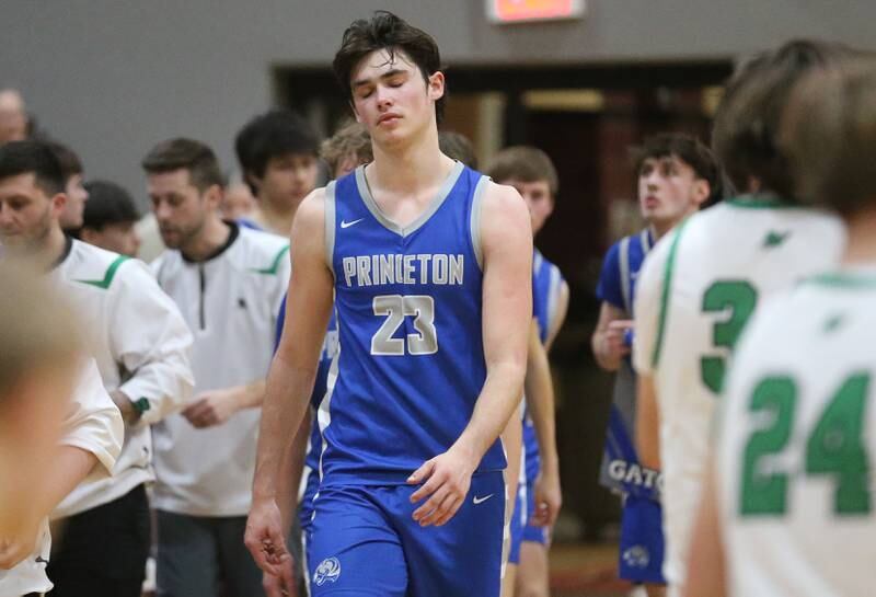 Princeton's Noah LaPorte walks off the floor after loosing to Rock Falls during the Class 2A Sectional final on Friday, March 7, 2025 at Marengo High School.