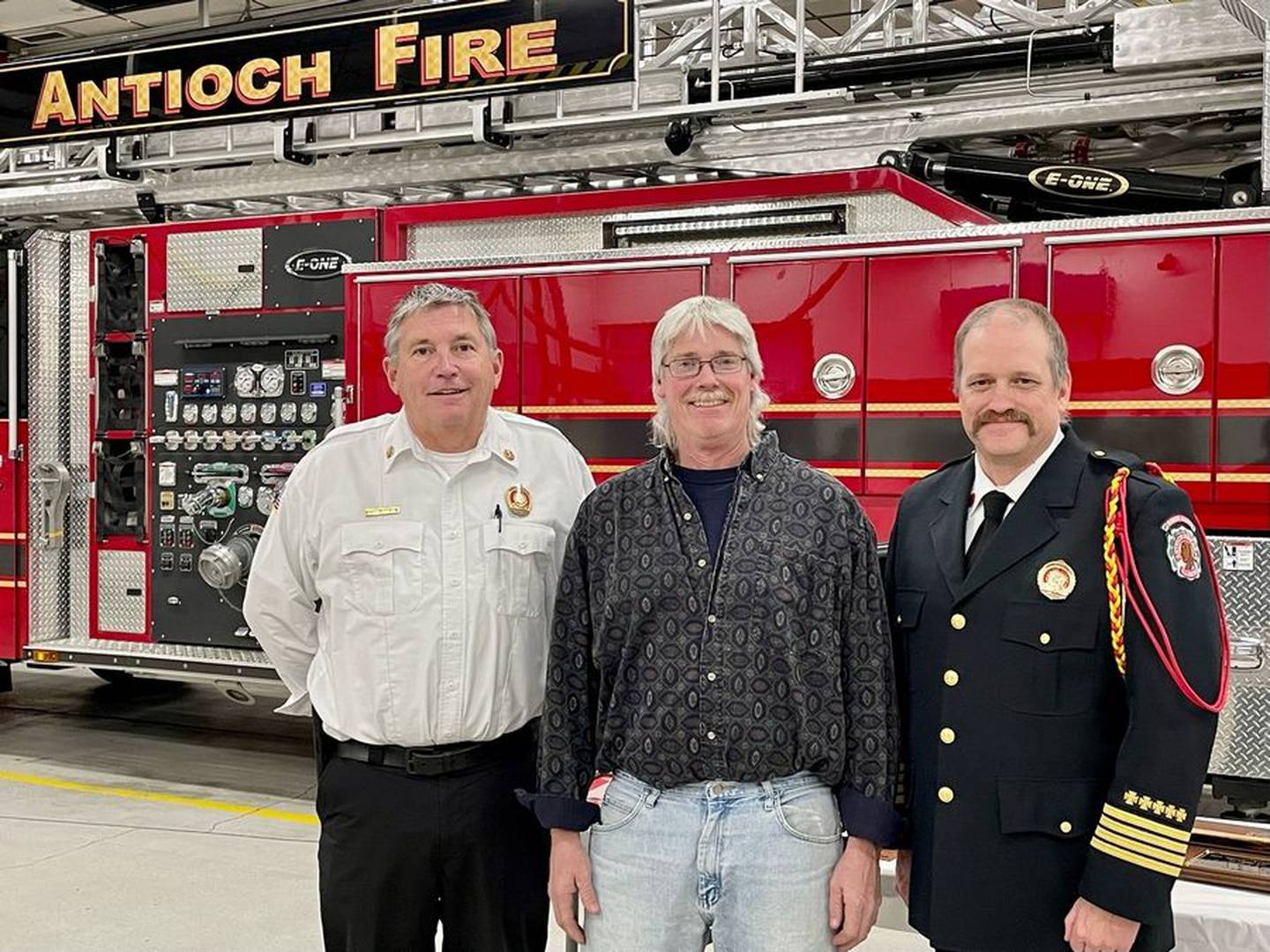 Retired Antioch firefighter Jeff VanPatten, center, was honored recently for 35 years of service. He's flanked by Chief Jon Cokefair, left, and Deputy Chief Jim Cook. VanPatten was the fourth generation of his family to serve in the department.