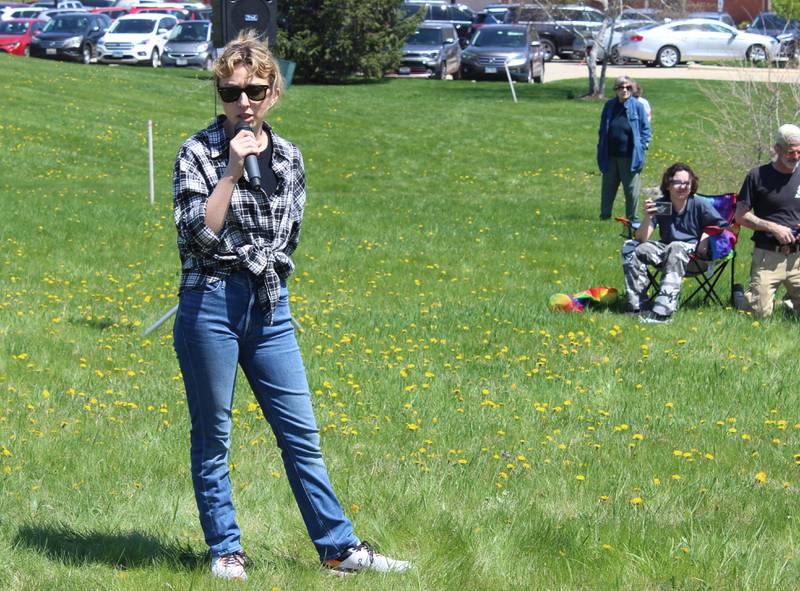 Kat Abughazaleh, who is running for Congress in the Illinois' 9th District, speaks at a rally on April 27, 2025 in McHenry.