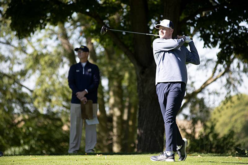 Sterling’s Cameron O’Brien tees off on no.10 at Emerald Hill in Sterling for the Class AA IHSA sectional golf meet.