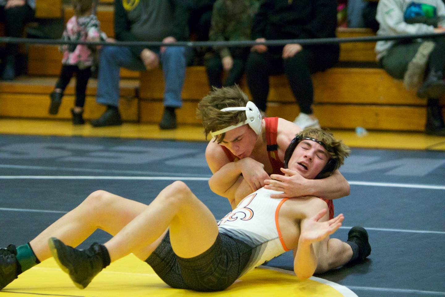 Batavia's Cael Andrews wrestles St. Charles East's Gavin Connolly  in the 145-pound Championship round at the DuKane Conference at Glenbard North on Jan. 29, 2022 in Carol Stream.