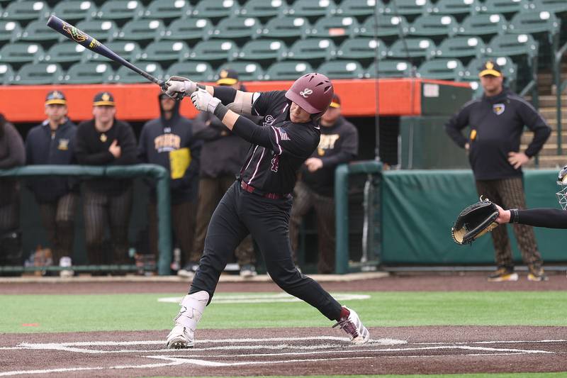 Lockport’s Drew Satunas drives in a run against Joliet West in the WJOL Don Ladas Memorial baseball tournament championship game on Saturday, April 4, 2026 in Joliet.