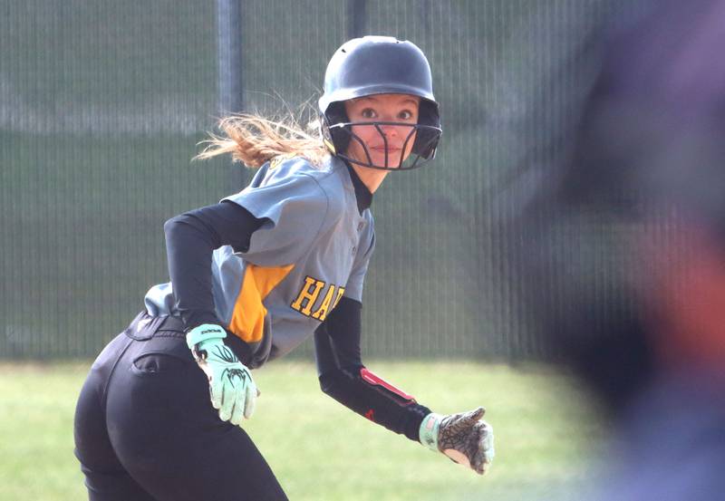 Harvard’s Skylar Block scrambles back toward second base  in varsity softball at Crystal Lake Central High School in Crystal Lake on Monday, May 19, 2025.