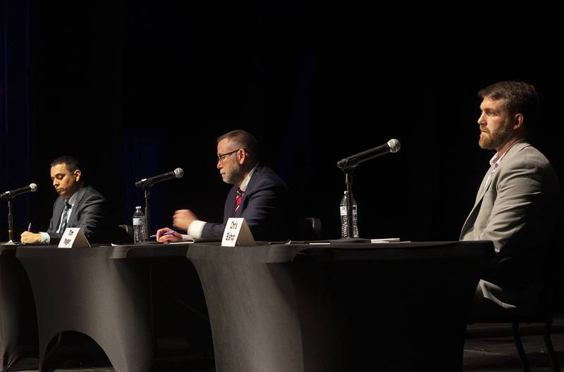 Li Arellano (left), Tim Yager and Chris Bishop are vying for the 37th Senate District seat of Illinois being vacated by Win Stoller. Discover Dixon hosted a candidate forum Thursday, Feb. 22, 2024, at The Dixon: Historic Theatre.