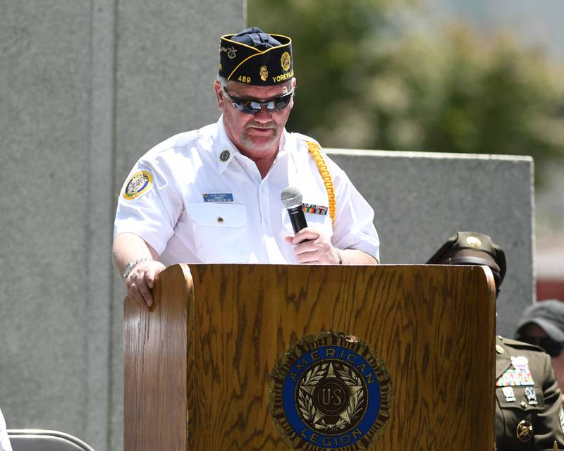 American Legion Commander Jeffrey Sanders speaks during the Memorial Day event on Monday May 26, 2025, held at Town Square Park in Yorkville.