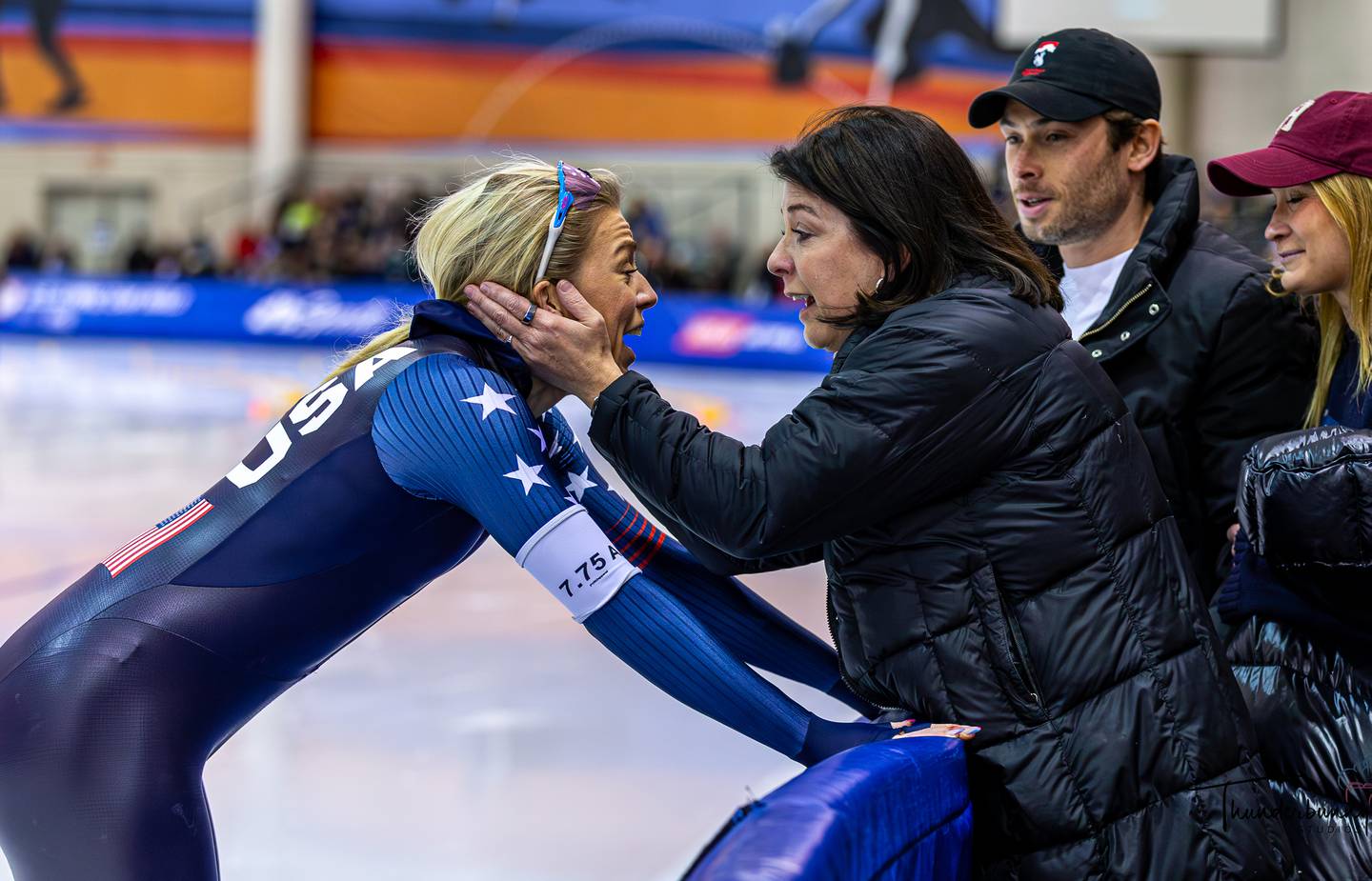 U.S. women’s Olympic speed skater Sarah Warren of Willowbrook celebrates with her mother, Catherine Warren, brother, John, and sister-in-law Chrissy Warren after learning she’d qualified for Team USA in the long-track 500-meter race at the U.S. Olympic Trials, Jan. 4 at the Pettit National Ice Center.