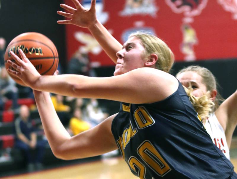 Polo's Natalie Nelson shoots a leaner in front of Indian Creek's Alexa Anderson during their Class 1A regional game Tuesday, Feb. 15, 2022, at Indian Creek High School in Shabbona.