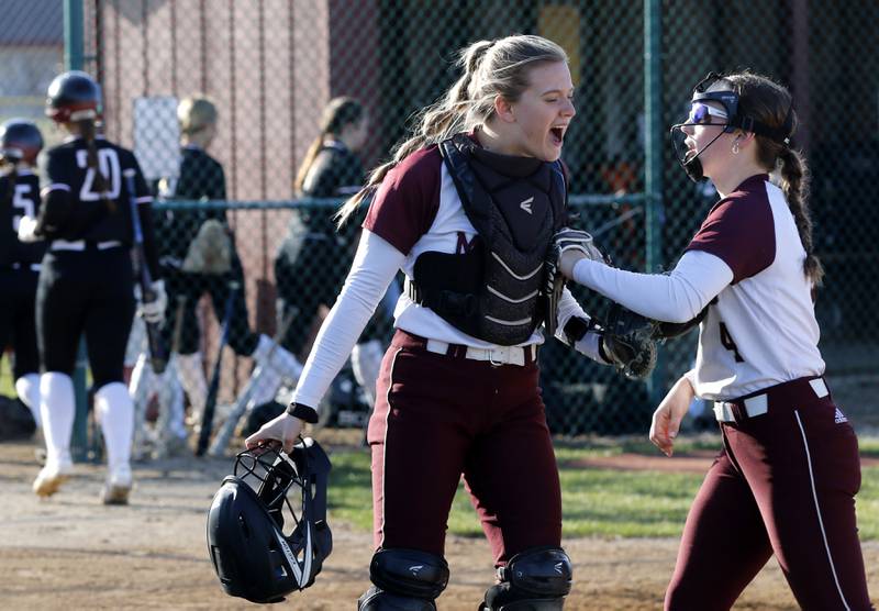 Marengo's Kylee Jensen reacts to a scoreless inning after Josephine Christiansen pitched out of a jam after walking two runners during a nonconference softball game against Antioch on Monday, March 31, 2025, at Marengo High School.