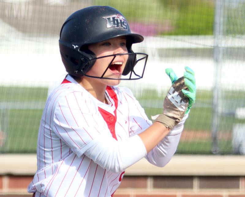 Huntley’s Sadie Svendsen gets revved up after scoring against Prairie Ridge in varsity softball at Huntley High School in Huntley on Monday, May 5, 2025.