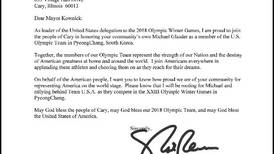 Vice President Mike Pence honors Cary Olympian Michael Glasder in letter to mayor